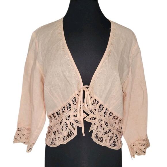 J. Jill Women’s Medium Peach Crochet Cropped Open Cardigan Sweater EUC - Picture 2 of 8